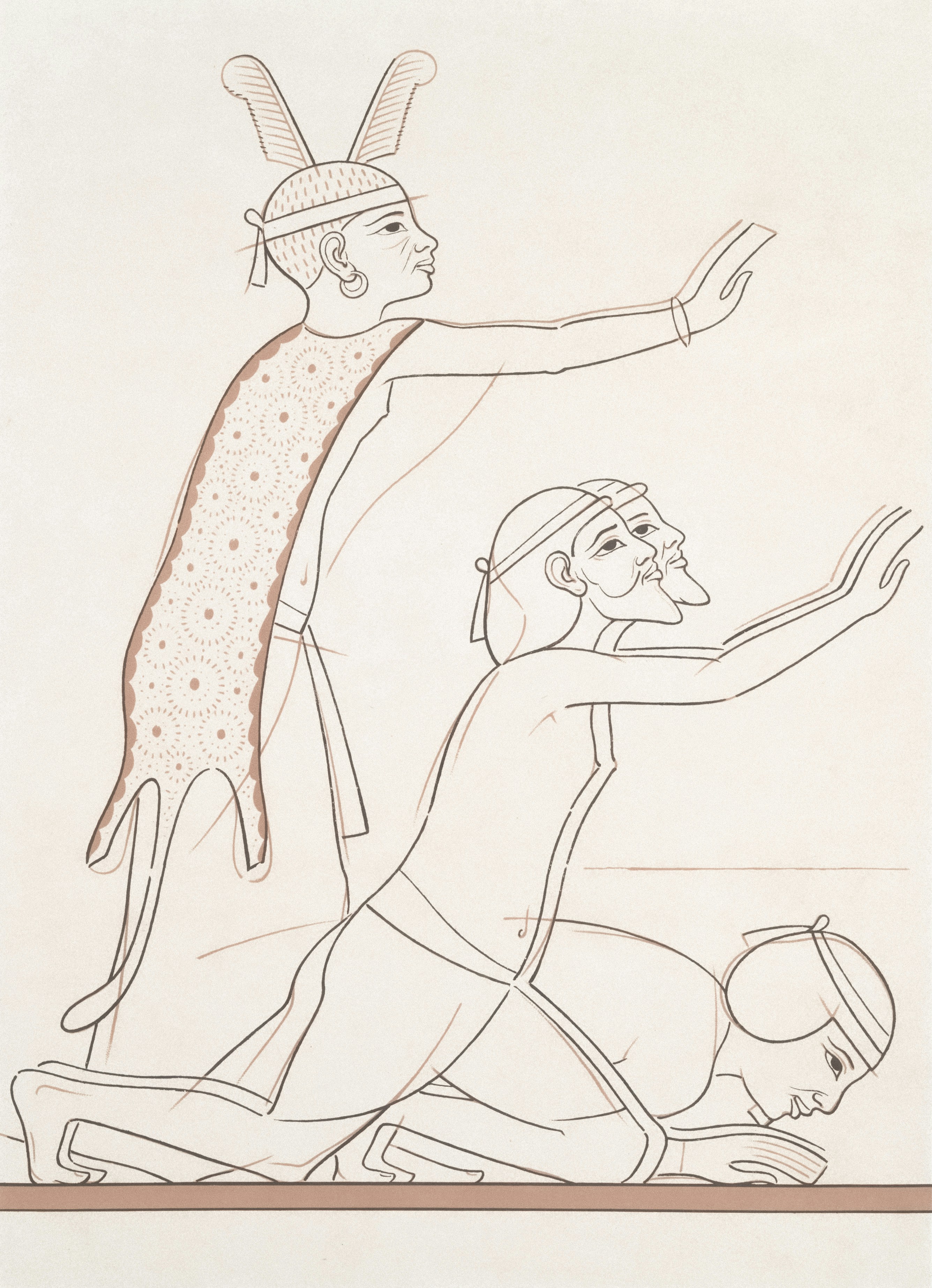 Ancient egyptian figures in procession with raised hands.